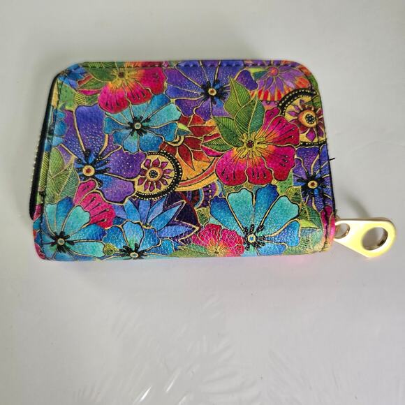 Laurel Burch Blossoming Floral Design Card Wallet Secure Zippered Travel Artsy - Picture 3 of 9